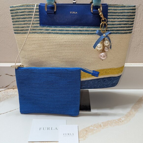 Furla woven tote bag with bag charm, EUC - Picture 3 of 7